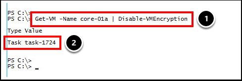 core-01a 가상머신의암호화를해제하기위해 PowerCLI 텍스트창에다음명령을입력한후 Enter 키를누릅니다. Get-VM -Name core-01a Disable-VMEncryption 2.