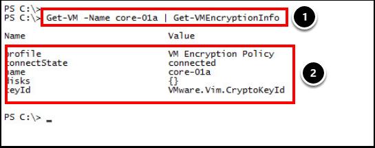 PowerCLI - core-01a 암호화 1. core-01a 가상머신을암호화하기위해 PowerCLI 텍스트창에다음명령을입력한후 Enter 키를누릅니다. Get-VM -Name core-01a Enable-VMEncryption 2. 그런다음 Type Value( 유형값 ) 아래 Task-1723 이반환되는지확인합니다.