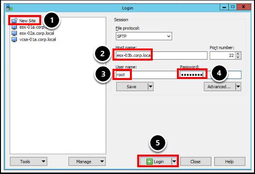 esx-03b 에연결 1. 애플리케이션왼쪽의메뉴에서 New Site( 새사이트 ) 를클릭합니다. 2. Host name( 호스트이름 ) 텍스트필드에 esx-03b.corp.