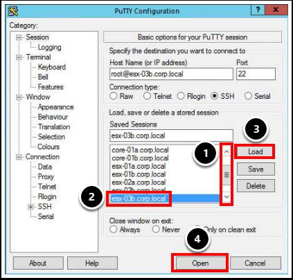 esx-03b - Putty 를통해연결 1. 스크롤막대를사용하여목록에서 esx-03b.corp.local 이표시될때까지아래로스크롤합니다. 2.