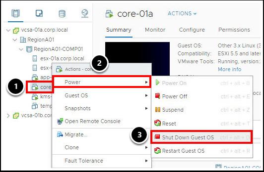 가상머신의암호화해제시도 nocrypto@corp.local Active Directory 사용자계정으로로그인된상태에서암호화된가상머신의파일을다운로드해보겠습니다. core-01a - 전원끄기 가상머신의암호화를해제하기위해서는 core-01a 가상머신의전원을꺼야합니다. 1.