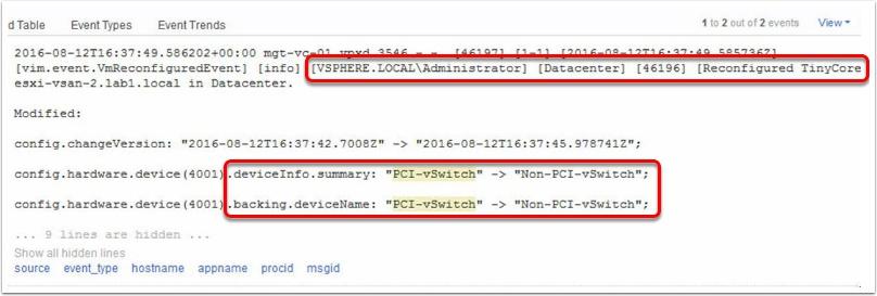 실행가능한로깅 vsphere 6.7 에서는이제실행가능한로그정보가제공됩니다. 로그를통해시스템관리자계정이 PCI vswitch 에서비 PCI vswitch 로가상머신을옮겼다는것을알수있습니다. 안전한네트워크에서안전하지않은네트워크로이동한것으로보입니다.