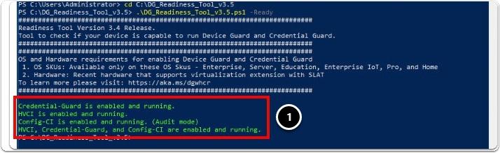 ./DG_Readiness_Tool_v3.5.ps1 -Ready 2. Device Guard(DG) 가설정되었지만아직실행되지않는것으로표시됩니다. win10 가상머신을다시부팅한후명령을다시실행해야실행중으로표시되기때문입니다. 이는실습환경이므로 win10 가상머신을재부팅하여다시구성하려면시간이너무오래걸립니다.