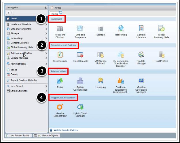 기본홈뷰 Home( 홈 ) 뷰에서는왼쪽탐색창에호스트및클러스터, 가상머신및템플릿, 스토리지, 네트워킹, 정책및프로필등을포함하여다양한객체그룹유형의목록이표시됩니다. 오른쪽에는여러섹션으로나뉘어져있는컨텐츠창이있습니다. 1. Inventories( 인벤토리 ) 섹션은호스트및클러스터, 가상머신및템플릿, 스토리지, 네트워킹등에서주로사용되는섹션입니다. 2.