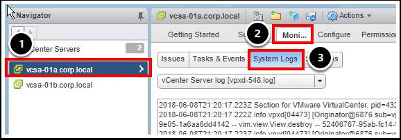 vcenter Server 시스템로그 vcenter Server 의시스템로그를보려면 vcenter Server 가여러대있으므로먼저로그를보려는 vcenter Server 를선택해야합니다. 그럼다음추가로몇가지선택을해야로그파일을볼수있습니다. 1. 왼쪽탐색창에서 vcsa-01a.corp.local vcenter Server 를클릭합니다.