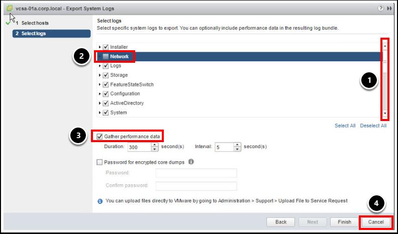 로그선택 이제익스포트할로그파일을선택하는방법을알아보겠습니다. 로그파일의몇가지예로시스템, 성능스냅샷, 설치프로그램, 가상머신등이있습니다. 또한정해진기간동안성능데이터를수집하고코어덤프파일을암호화하기위한암호를설정할수있습니다. 1. 필요할경우페이지아래로스크롤하면 Network( 네트워크 ) 확인란이표시됩니다. 2. Network( 네트워크 ) 확인란의선택을해제합니다.