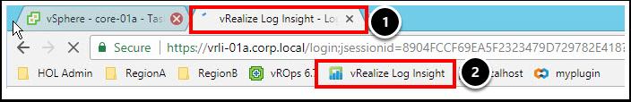 vrealize Log Insight 이제 vrealize Log Insight 서버에로그인하여 core-01a 가상머신을재구성할때생성된로그를찾아보겠습니다. 1. 새로연새탭을클릭합니다. 2.