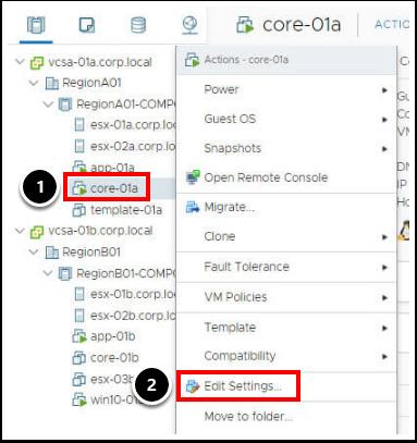 가상머신구성변경 1. core-01a 가상머신을마우스오른쪽버튼으로클릭합니다. 2.