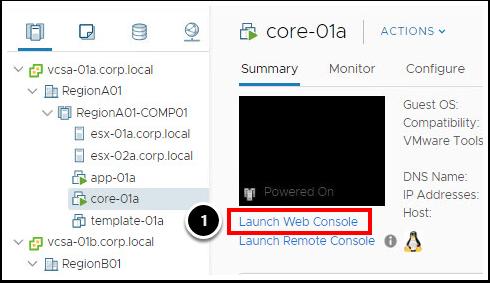 이제가상머신전원을켜고웹콘솔을시작합니다. 1. core-01a 가상머신을마우스오른쪽버튼으로클릭합니다. 2. 드롭다운메뉴에서 Power( 전원 ) 를클릭합니다. 3. Power( 전원 ) 드롭다운메뉴에서 Power On( 전원켜기 ) 을클릭합니다.