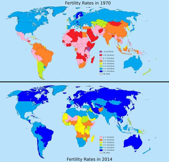 4-4-2] 참조 ). 이에각국가들은사회문화적배경을고려하여자국의인구를유지하기위한 저출산대책을수립하고있다. [ 그림 4-4-2] 세계의출산율 (1970/2014) 출처 : http://brilliantmaps.com/fertility-rates Ⅰ.