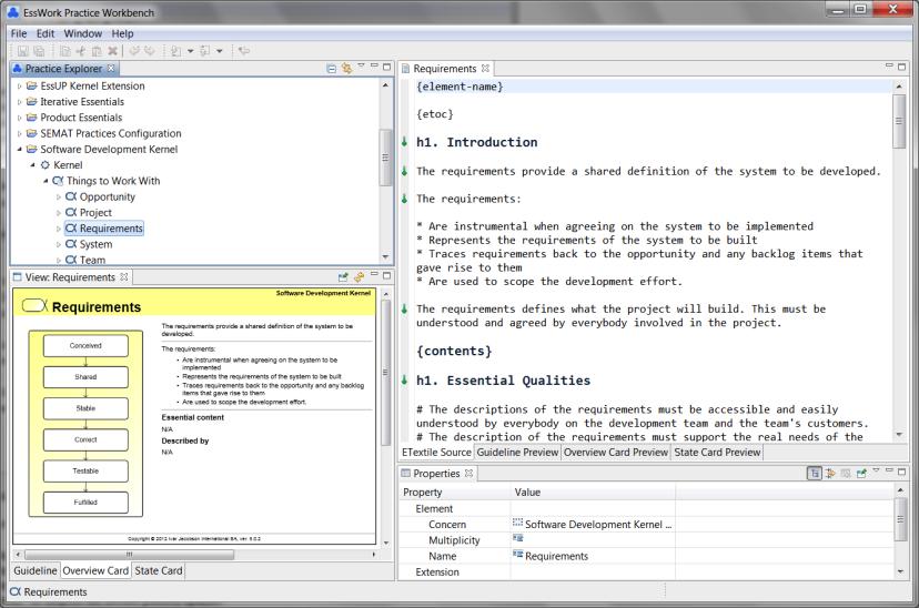 관련도구현황 EssWork Practice Workbench EssWork 1. Interactive presentation of the Essence Kernel 2. Practice authoring and extension using the Essence Language 3. Method composition 4.
