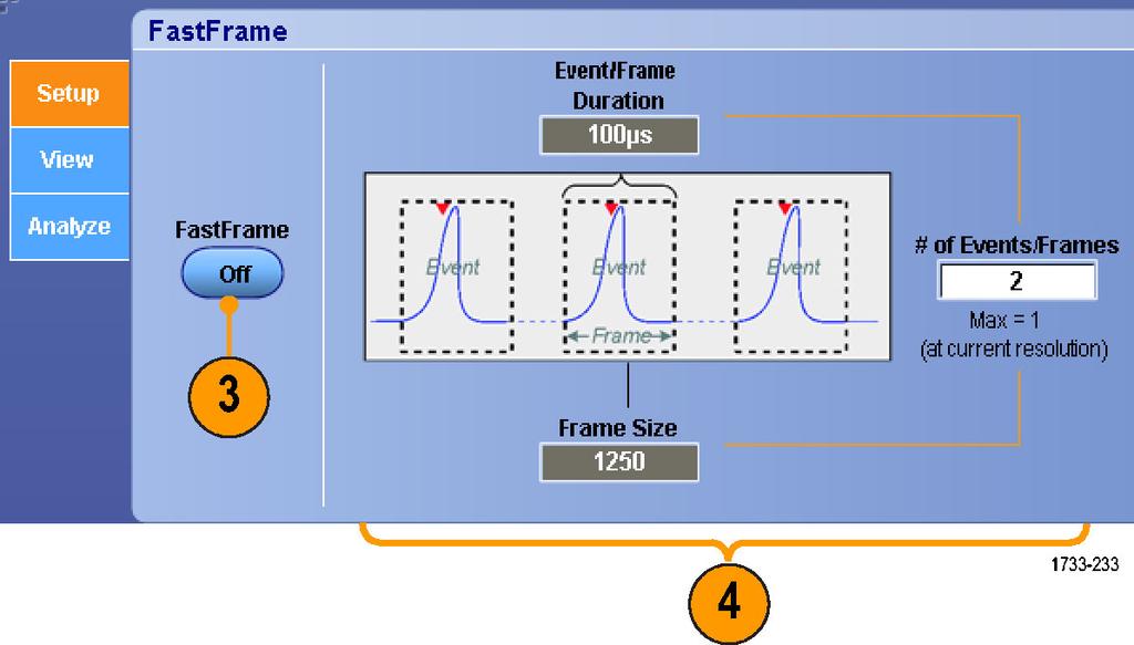 획득 3. FastFrame On 을누릅니다. 4. 프레임크기 (Frame Size) 및이벤트프레임수 (# of Events Frames) 를선택합니다.