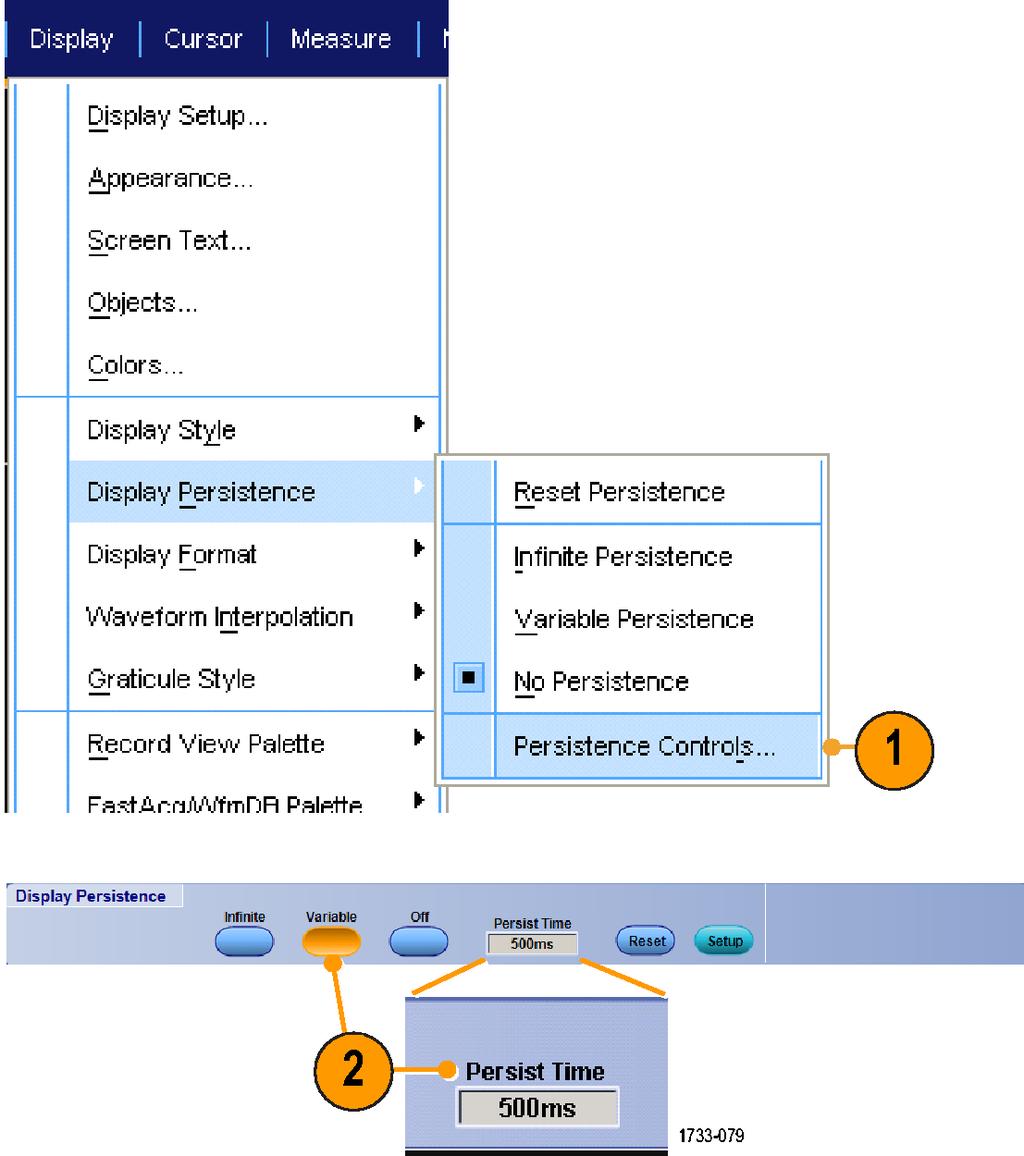 파형표시 화면지속설정 화면 (Display) > 화면지속 (Display Persistence) 을선택하고지속유형을선택합니다. 지속없음 (No persistence) 은현재획득의레코드포인트만을표시합니다. 각각의새파형레코드가채널에대해이전에획득한레코드를교체합니다.