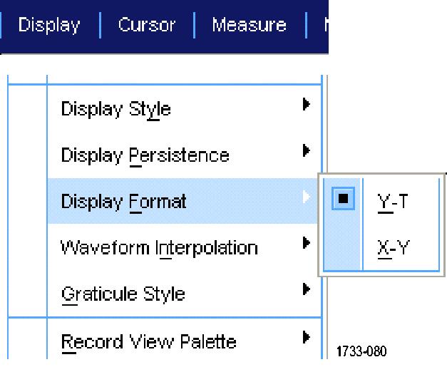 파형표시 디스플레이형식설정 장비에는파형이서로다른두가지형식으로표시될수있습니다. 필요에가장잘맞는형식을선택하십시오. 디스플레이 (Display) > 디스플레이형식 (Display Format) 을선택합니다. 시간에따라변화하는신호진폭을표시하려면 Y-T 형식을선택합니다. 파형레코드포인트별진폭을비교하려면 X-Y 형식을선택합니다.