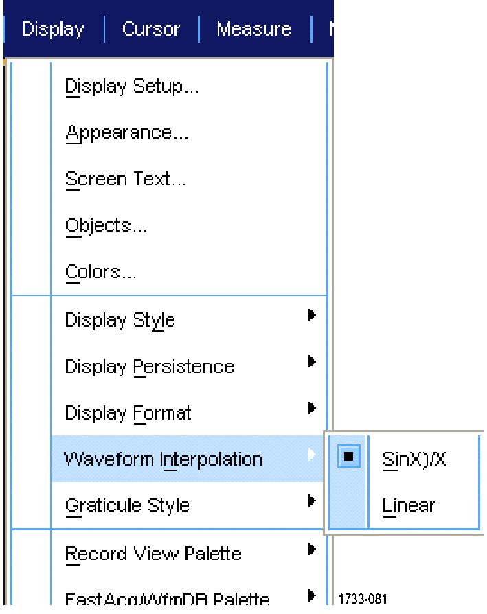 파형표시 파형보간선택 디스플레이 (Display) > 파형보간 (Waveform Interpolation) 을선택하고다음중하나를선택합니다. Sin(x)/x 보간은실제획득한값간의곡선맞춤을사용하여레코드포인트를계산합니다.