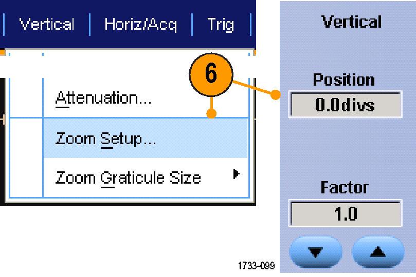 파형표시 6. 확대된영역을수직으로조정하려면수직 (Vertical) > 줌설정...(Zoom Setup...) 을선택하고수직필드를클릭한다음범용노브를사용하여수직위치및계수를조정합니다.