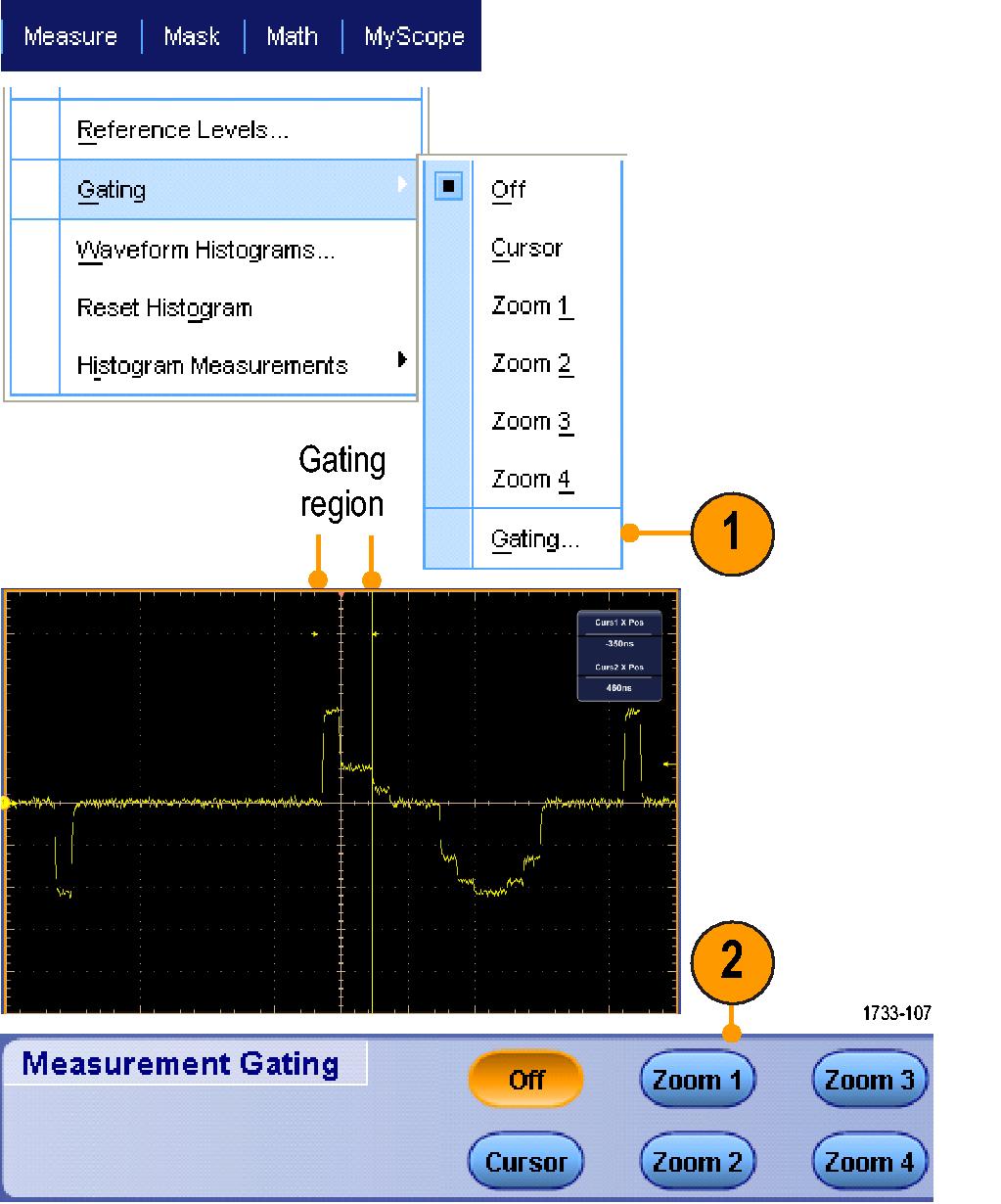 파형분석 자동측정사용자정의 게이팅, 측정통계수정또는측정기준레벨조정등을통해자동측정을사용자정의할수있습니다. 게이팅 게이팅을사용해서측정을파형의일정부분에만한정합니다. 1. 측정 (Measure) > 게이팅 (Gating) > 게이팅...(Gating...) 을선택합니다. 2.