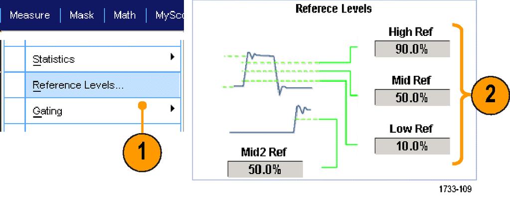 파형분석 기준레벨 기준레벨은시간관련측정을수행하는방법을결정합니다. 1. 측정 (Measure) > 기준레벨...(Reference Levels...) 을선택합니다. 2. 서로다른상대또는절대값에따라측정기준레벨을조정합니다. 고기준및저기준은상승및하강시간을계산하는데사용됩니다.
