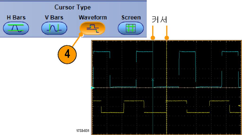 파형분석 4. 두파형사이에서측정을수행하려면파형 (Waveform) 을선택한다음각커서의파형소스를선택합니다. 5. 커서 (Cursors) > 커서위치.