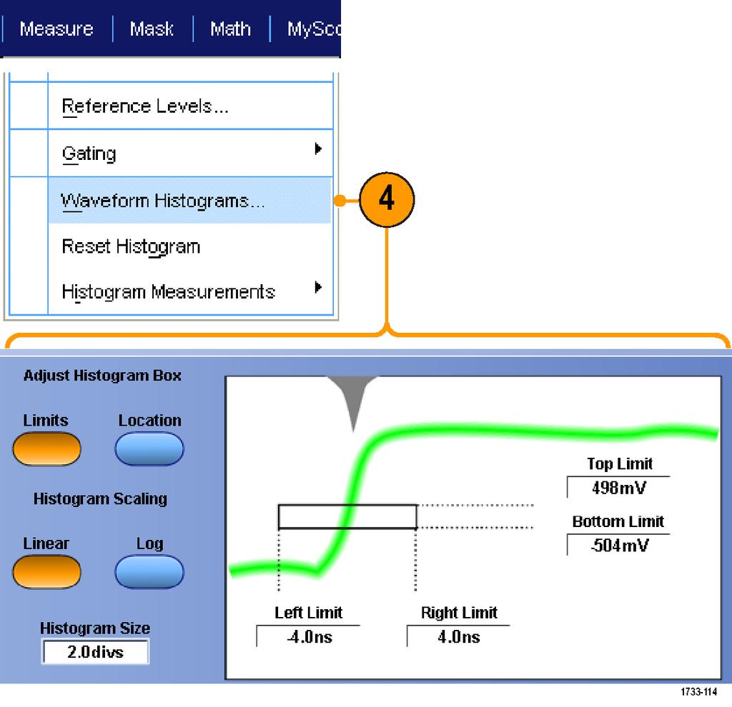 파형분석 4. 히스토그램스케일또는히스토그램상자의크기나위치를조정하려면측정 (Measure) > 파형히스토그램 (Waveform Histograms) 을선택한다음히스토그램설정 (Histogram Setup) 제어창을사용하여조정합니다. 5.