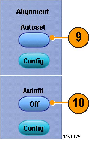 파형분석 9. 입력신호의특성을기준으로파형을마스크에자동정렬하려면자동설정 (Autoset) 을클릭합니다. 10.