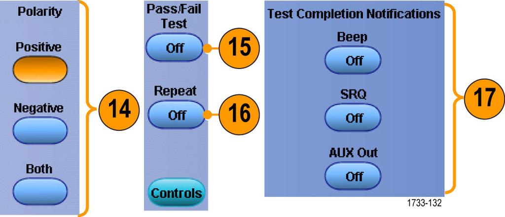 파형분석 14. 테스트할극성을선택합니다. 15. 통과 / 실패테스트 (Pass/Fail Test) On 을전환하여마스크테스트를시작합니다. 16.