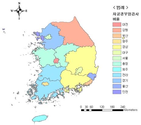 우리나라건강보험보장성현황 101 2005년국민건강영양조사를이용하여자궁경부암의효과적보장을광역시도별로측정하면 < 표 3-18> 과 [ 그림 3-1] 과같다. 대전, 강원, 부산, 광주가낮은편에속하고전라, 경기, 울산, 인천이자궁경부암검사의효과적보장비율이높은지역으로분류되었다.