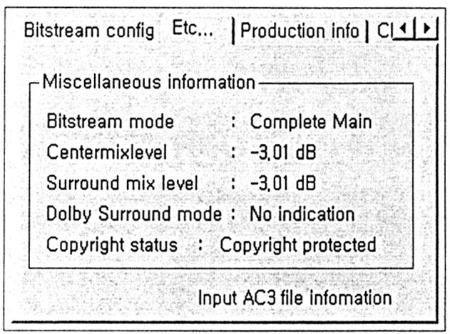 Channel 2 탭은 AC3 파 일이 dual mono 형태로인코딩됐을때 2번째 mono의 prodution information이 다. 제 4절 AC3 인코딩성능 실험에사용된원본파일은 5.1 채널, 파일사이즈는 31,767,576 Bytes, 44.