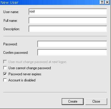 ******* ******* 4. 다음과같이새사용자창을완성합니다. a. 사용자이름상자에 root를입력합니다. b. 암호를생성한후암호를확인합니다. c. 다음로그온할때반드시암호변경이라는확인란에서체크표시를지웁니다. d.
