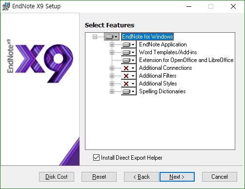 3. 설치중 "Install Direct Export Helper" 에서멈추는경우 Direct Export Helper는웹에서 ENW, RIS 파일을 EndNote Library로반입할수있도록연결해주지만일부컴퓨터에서 Helper 때문에설치과정이멈추는경우가있다. EndNote X8에서주로문제가발생한다.