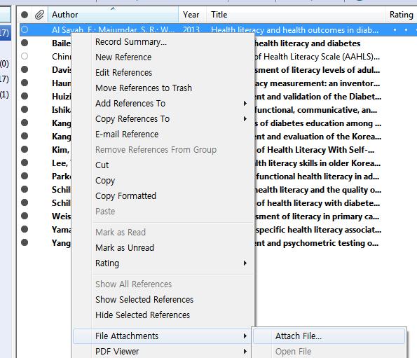 6. File Attachments ( 수동파일첨부 ) EndNote Library 에수집된 Reference 에다양한형식의파일을첨부할수있으며, 첨부된파일은 endnote library 이름.