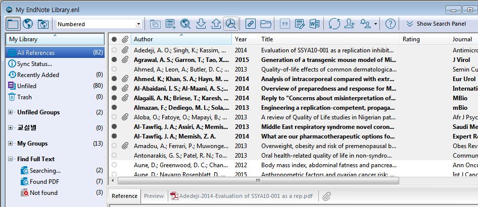 8. Find Full Text PubMed 등에서 References 를수집한경우초록및인용정보까지반입되지만 Find Full Text 을 통해 EndNote Library 로 PDF 원문을다운로드받을수있다. A.