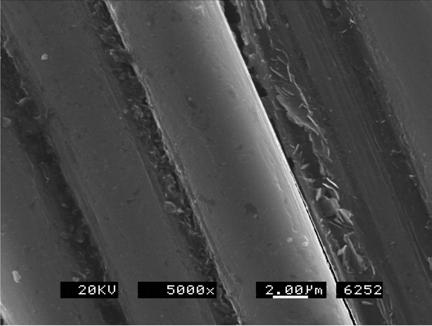 Figure 3에서보는바와같이그림 는시편단면의 SEM 사진으로섬유와섬유사이의연소된탄소기지를확인하였고흑연화에의한탄소기지의층상구조는탄소섬유주위를둘러싸고있는것을관찰하였다. 그림 는시편의측면 SEM 사진으로섬유와탄소기지가잘결합되어있는부분과탄소섬유가탈리되어섬유가드러난부분을관찰하였다.