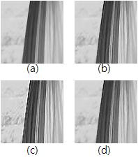 (a) 원본영상, (b) [8], (c) [9], (d) 제안한방법. Fig. 8. (a) Original, (b) [8], (c) [9], (d) Proposed. 그림 7. (a) 원본영상, (b) [8], (c) [9], (d) 제안한방법. Fig. 7. (a) Original, (b) [8], (c) [9], (d) Proposed. 영역을원본크기로오려낸것이다.