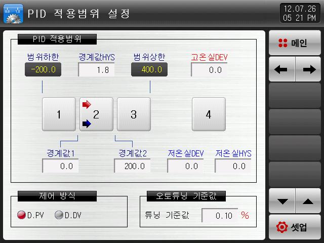 6. PID 그룹 6. PID 적용범위설정 6.. PID 적용범위설정제 화면 4 개의 PID 로구성되어있습니다. 운전시해당 PID 번호에고온실은빨간색, 저온실은파란색화살표로표시됩니다. 2 3 4 5 7 6 9 8 [ 그림 6-] PID 적용범위설정제 화면 번호를누르면해당 PID 그룹설정화면으로이동합니다. 버튼을누르면 PID 그룹설정화면으로이동합니다.