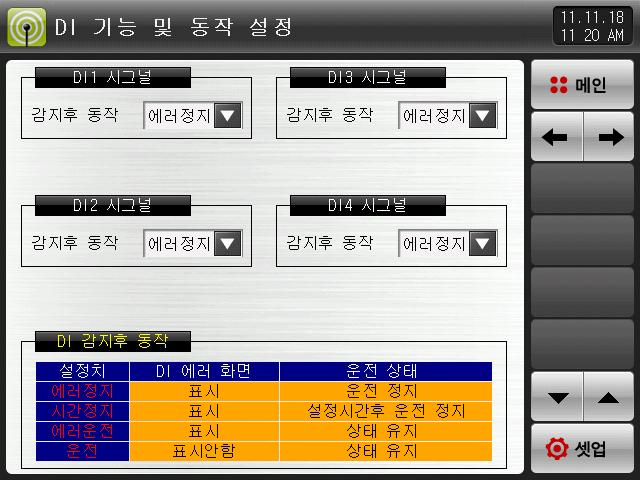 9..4 DI 기능및동작설정제 5 화면 각각의 DI 시그널에대한동작을설정할수있습니다. [ 그림 9-4] DI 기능및동작설정제 5 화면 - [ 그림 9-5] DI 기능및동작설정제 5 화면 -2 DI 동작유형 에러정지 : DI 에러발생시 DI 에러화면을표시하고운전을정지합니다. 시간정지 : DI 에러발생시 DI 에러화면을표시하고설정된지연시간후에운전을정지합니다.