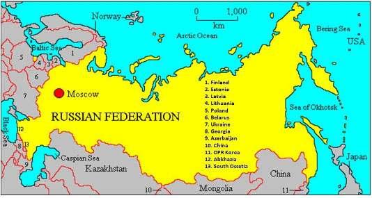 치공화국, 그루지야, 남오세티아, 아제르바이잔, 카자흐스탄, 중국, 몽골, 북한등 16 개국가와국경을마주하고있으며, 미국 ( 알라스카 ), 스웨덴, 일본과는각각베링 해협, 발트해, 라페루즈해협을끼고인접하고있다 ( 그림 3). 그림 3. 러시아와인접하고있는국가들 러시아는매우풍부한수자원을보유하고있다.