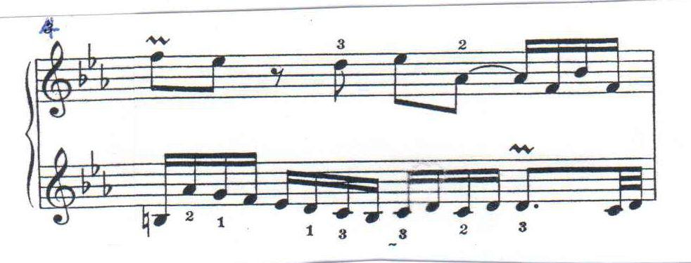 36 요한세바스찬바흐의건반음악에나타난꾸밈음의에대한고찰 < 악보 4> 제2 곡다단조, 2 마디, 트릴 바흐는꾸밈음을대부분기호로많이표시하였으나때로는 tr. 등과같이글자나음표로도 적어놓았다. 이악보에서의 tr. 은비교적긴트릴을의미하고트릴의끝을종결시키도록 C와 D 의코다음을써놓은예이다.