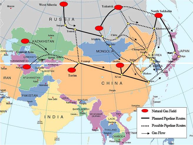 나타나듯이, 북한을경유하는가스관건설의실현가능성은여전히불투명하다. 이제안에따르면, 러시아이르쿠츠크에서시작하여부랴트, 중국베이징, 웨이하이, 한국백령도로이어지는가스관노선을건설하고, 그가운데이르쿠츠크-베이징노선은 3~4년내에완성하겠다는계획이다. 129 < 그림 Ⅲ-5> 동아시아가스관배치도 출처 : David von Hippel et al.