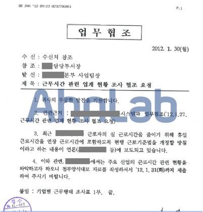 해당파일은사회공학적기법을이용해업무협조문서를발송한것처럼위장하고있다. 그림 1-10 문자열정보 4. 함께생성및실행되는 host.exe 파일에의해감염시스템의 hosts 파일이변조된다. 그림 1-11 변조된 hosts 파일 1월현재관련사이트로의연결은이루어지지않았다.