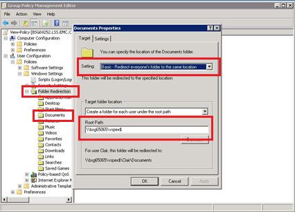 5 장 : VSPEX 구성지침 EMC Avamar 에대한 GPO 추가 관리부담을줄이려면매핑된드라이브를사용해야하는데, 이는 %username% 같은클라이언트측변수를지원하지않는현재 EMC Avamar의제한때문입니다. Windows 폴더리디렉션을구성하여매핑된드라이브에필요한 UNC 경로를생성하십시오. 반드시새 GPO를생성해야합니다.
