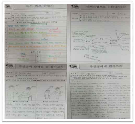 다양한종류의독후활동지를비치하고자신이원하는활동을선택하여자신의느낌이나생각등을나타내게하였다.