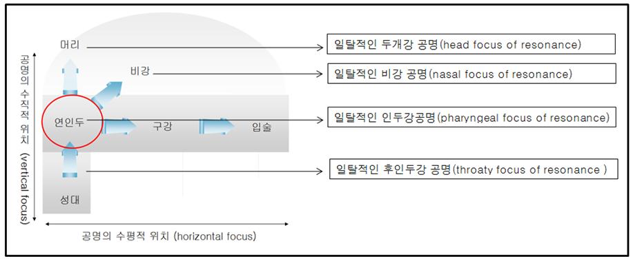 셋째, 공명에너지가집중되는위치에대한평정을예로들수있다. 공명위치는성대에서부터출발한에너지가공명강을지나산출되기까지의경로모두를포함한다. 이러한공명위치와관련하여성악에서는발성및공명에서부적절한위치설정에따라야기되는잘못된방법을네가지로제시하였다.