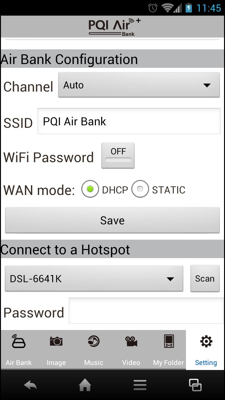 Air Bank Configuration(Air Bank 구성 ) 에서채널, SSID, WAN 모드및 Wi-Fi 비밀번호를지정합니다. 2. Save( 저장 ) 을탭핑하여데이터를저장합니다. 3.