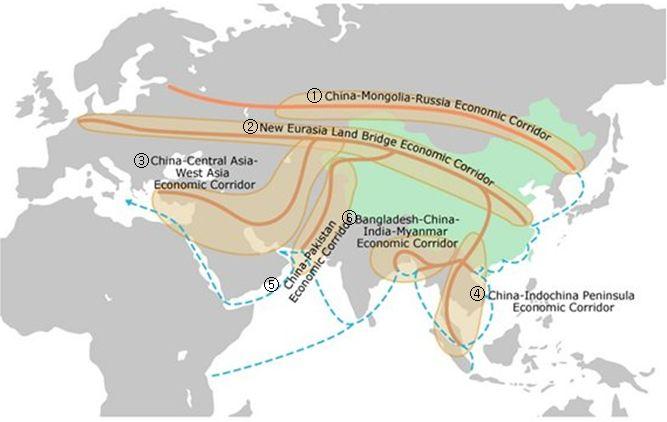 광양항의수출물동량과수출액의변동성 3 그림 1. 일대일로구상: 6대경제회랑 자료 : HKTDC Research, "The Belt and Road Initiative", 16 May 2017. ( 김옥준, 2015).