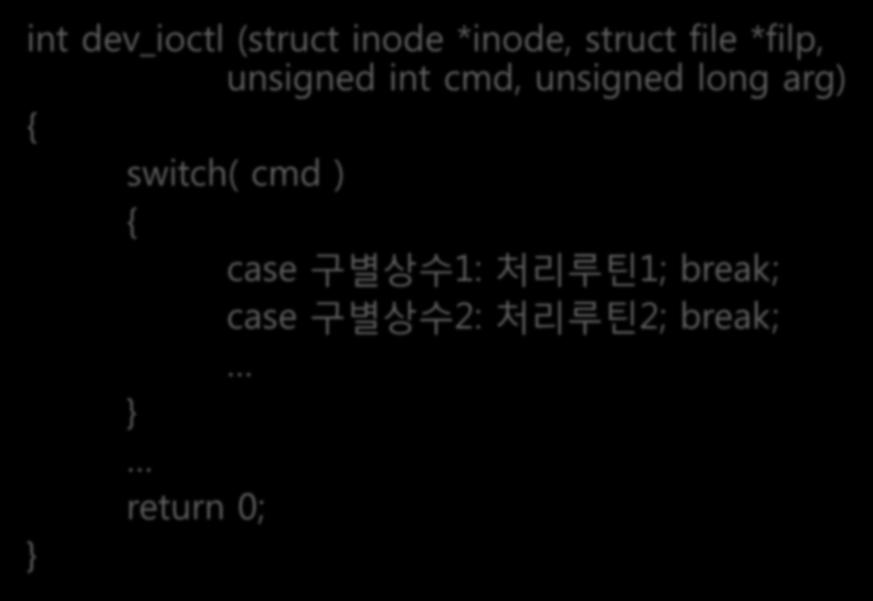 디바이스드라이버내의 ioctl() 구조 int dev_ioctl (struct inode *inode, struct file *filp, unsigned int cmd,
