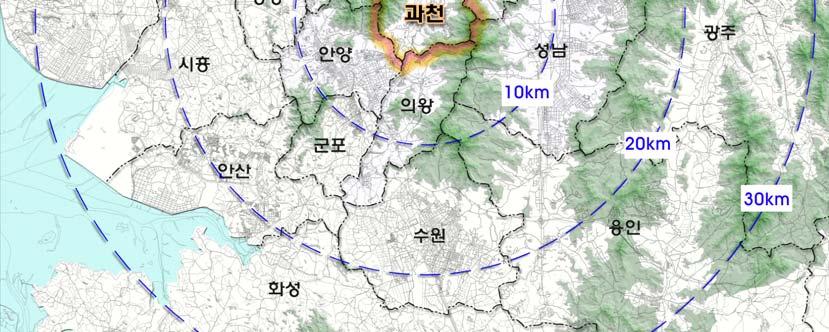 성남시등 3개시와서초구, 관악구등서울의 2개구와연접하고있음 < 경 위도상위치 > 시청소재지 과천시관문로 69 ( 중앙동 ) 경도와위도