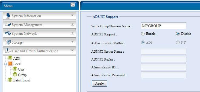 설정하기만하면됩니다. 그렇게하면 N7700 이 ADS/NT 서버와연결하여도메인사용자와그룹의모든정보를자동으로가져옵니다. Accounts( 계정 ) 메뉴에서 Authentication( 인증 ) 항목을선택하면 ADS/NT Support(ADS/NT 지원 ) 화면이표시됩니다. 이항목들가운데어떤항목이든바꿀수있습니다. Apply( 적용 ) 를누르면설정이확인됩니다.