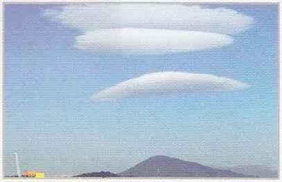 렌즈구름 ( 모자구름 ) 일명 UFO 구름이라고도한다. 렌즈구름은공기가산을따라올라갔다가반대쪽으로내려오면서만들어진다. 가운데부분은오목하고양쪽끝은얇아서모자와같은모양의구름이다. 높은산을올라가던구름이빠른상승기류를만나면서렌즈구름이만들어지게된다. 이런구름들은주로높은산이있는지역에서볼수있다. 나.